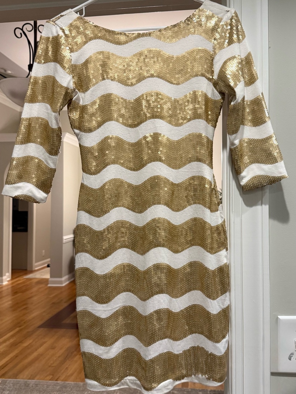 Gold and White Sequin Wave Midi Dress